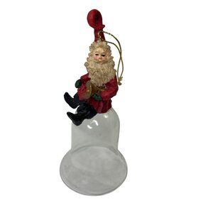 Vintage Silverstri Santa Claus Sitting Clear Glass Bell Ornament Horn Christmas